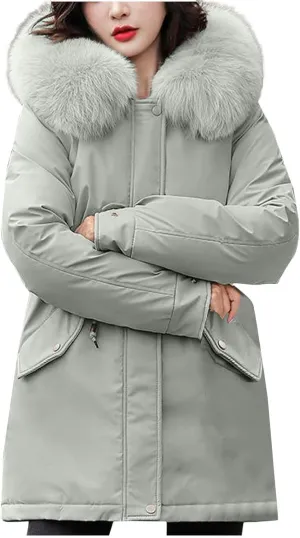 Teen Girls Winter Coats Womens Faux Fur Hoodie Mid-Length Puffer Jackets Plush Thicken Dressy Zip Down Coat with Hood