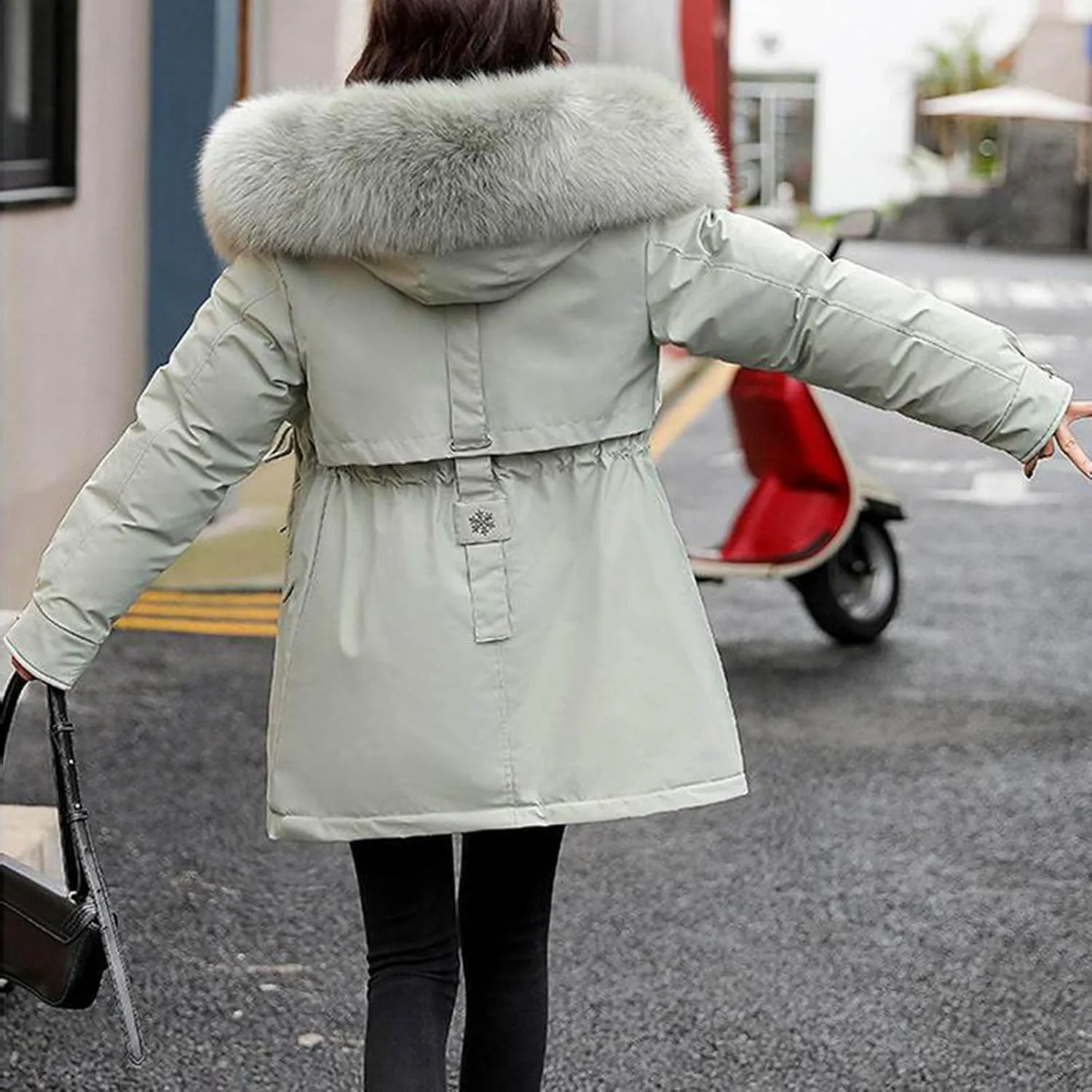 Teen Girls Winter Coats Womens Faux Fur Hoodie Mid-Length Puffer Jackets Plush Thicken Dressy Zip Down Coat with Hood