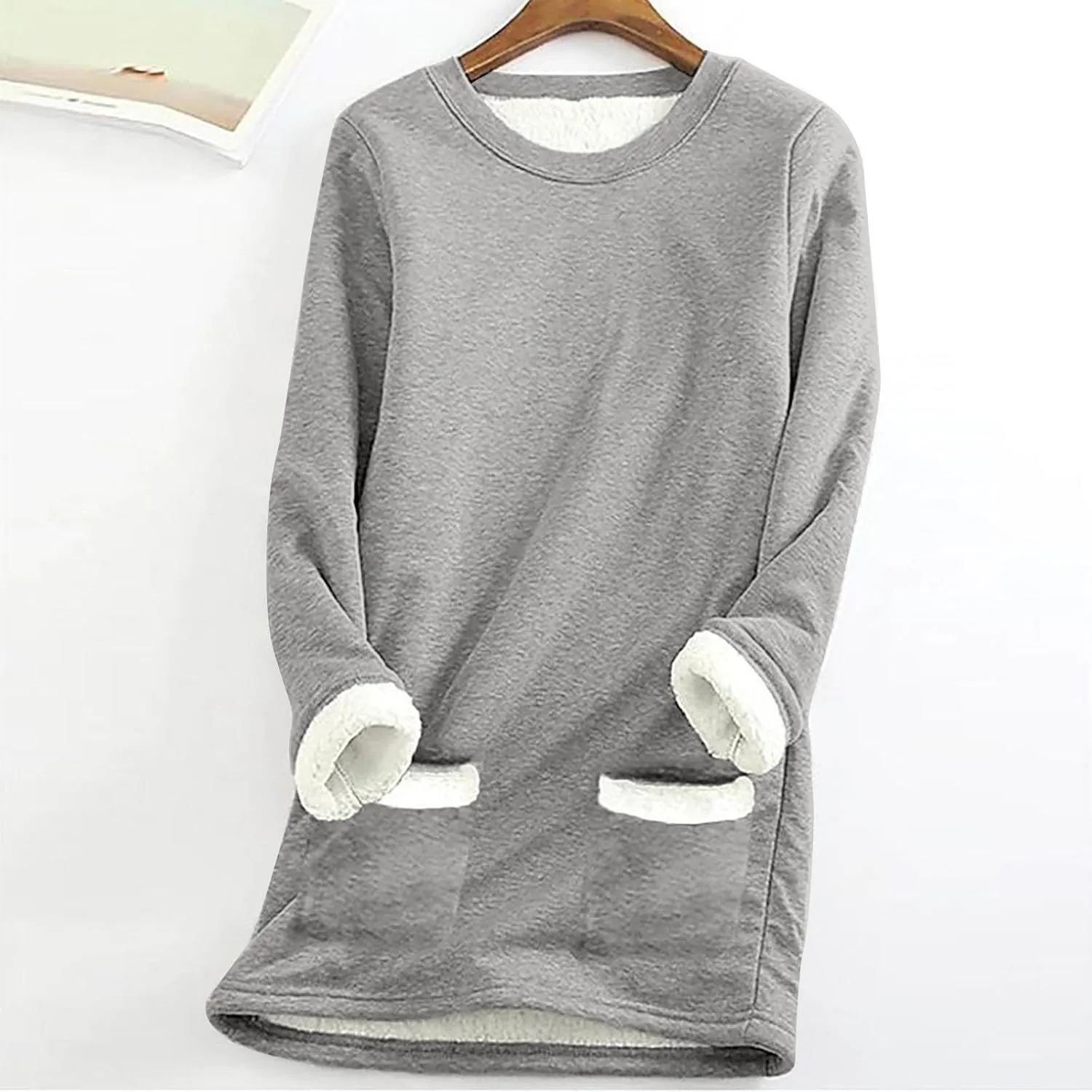 Thermal Underwear for Women Warm Sherpa Lined Fleece Crewneck Sweatshirt Fuzzy Long Sleeve Pullover Loungewear Tops