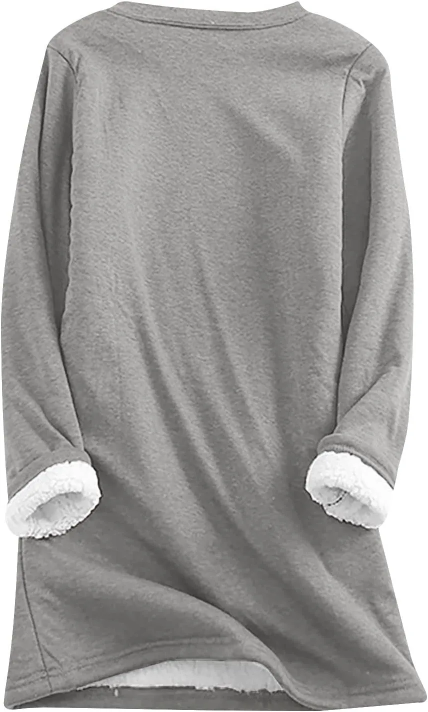Thermal Underwear for Women Warm Sherpa Lined Fleece Crewneck Sweatshirt Fuzzy Long Sleeve Pullover Loungewear Tops