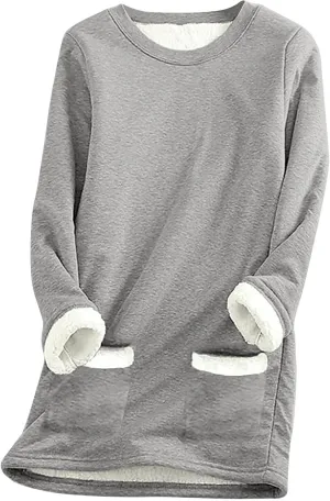 Thermal Underwear for Women Warm Sherpa Lined Fleece Crewneck Sweatshirt Fuzzy Long Sleeve Pullover Loungewear Tops