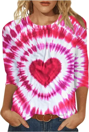 Tie Dyed Hippie Heart Shirts Womens Tops Tshirts Three Quarter 3/4 Sleeve Cute Tees Hip Hop Streetwear Apparel Clothes