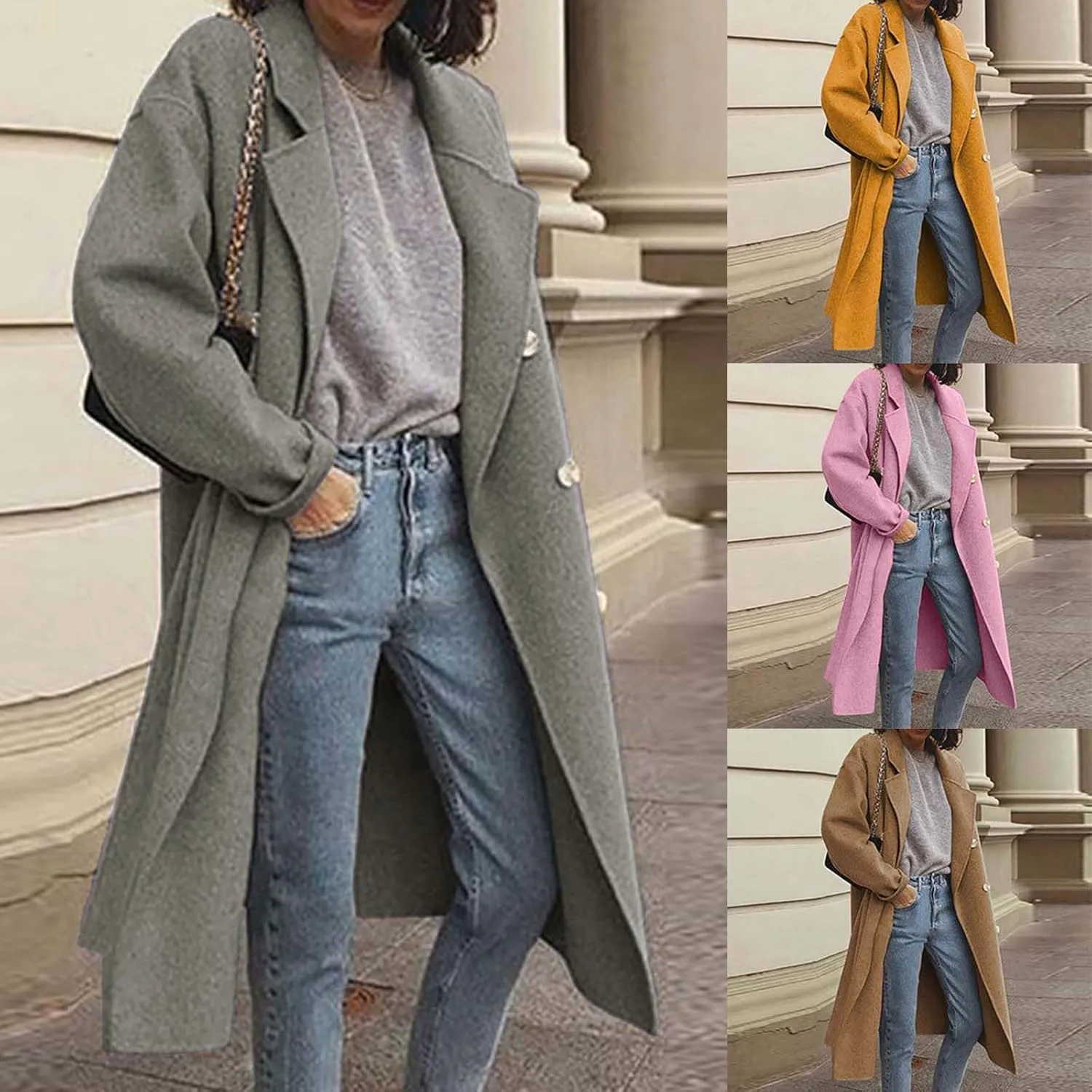 Trench Coats for Women Winter Wool Blend Camel Mid-Long Coat Double-Breasted Notch Lapel Collared Jackets Outwear