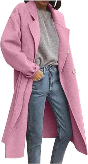 Trench Coats for Women Winter Wool Blend Camel Mid-Long Coat Double-Breasted Notch Lapel Collared Jackets Outwear