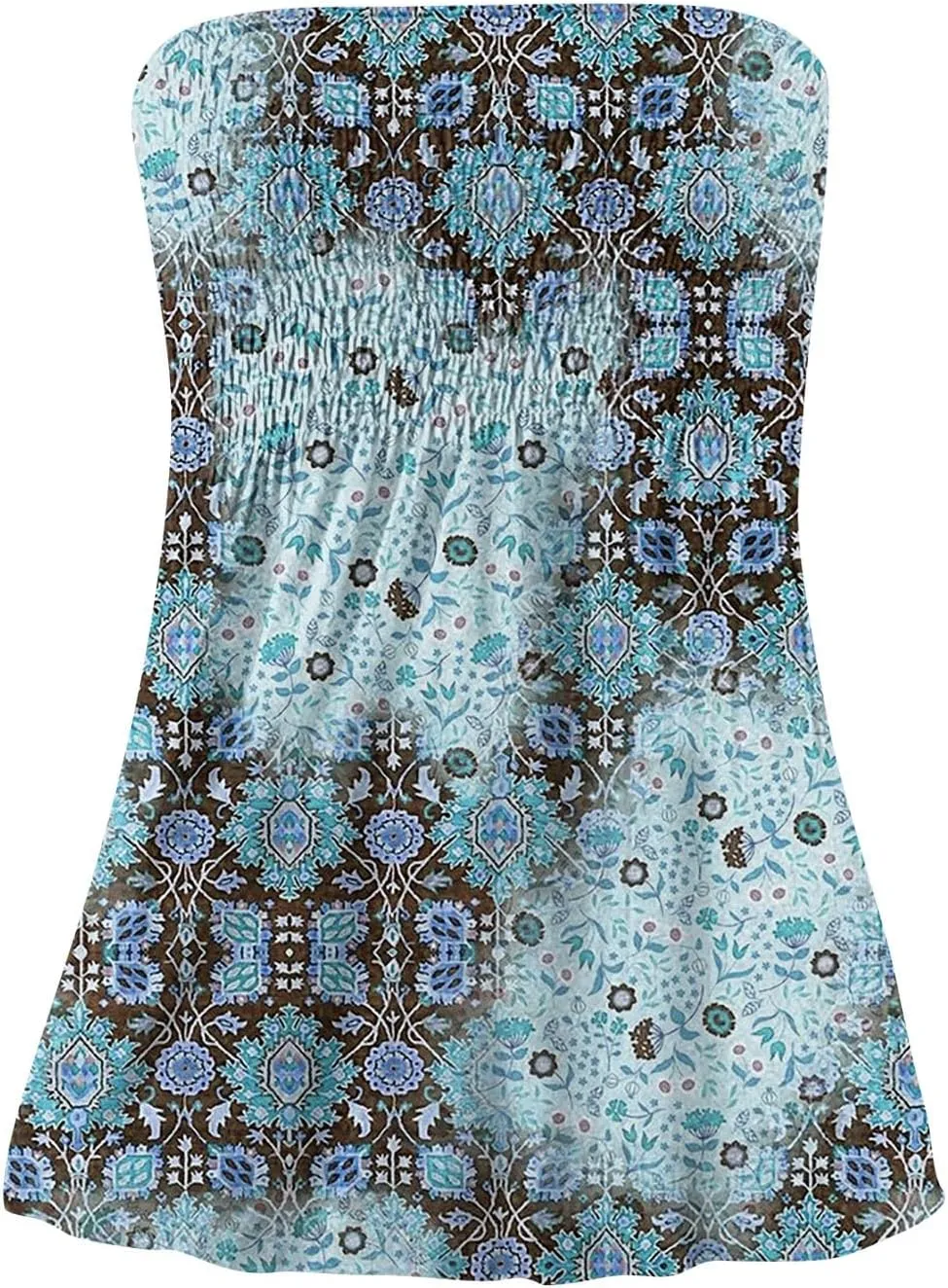 Tube Tops for Women Beach Off Shoulder Shirts Sleeveless Sexy Tops Strapless Bandeau Print Smocked Ruffled T-Shirt