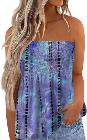 Tube Tops for Women Sleeveless Smocked Ruffled Tanks Strapless Floral Print Tube Tops Lightweight Sexy Bandeau