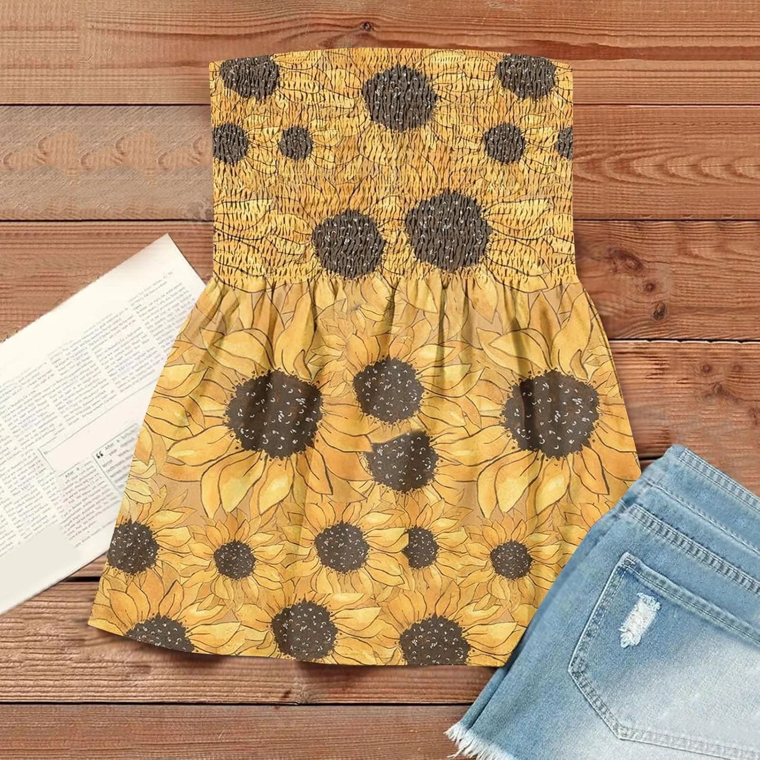 Tube Tops for Women Smocked Ruffled Floral Print Tanks Sleeveless Strapless Tube Tops Business Casual Bandeau
