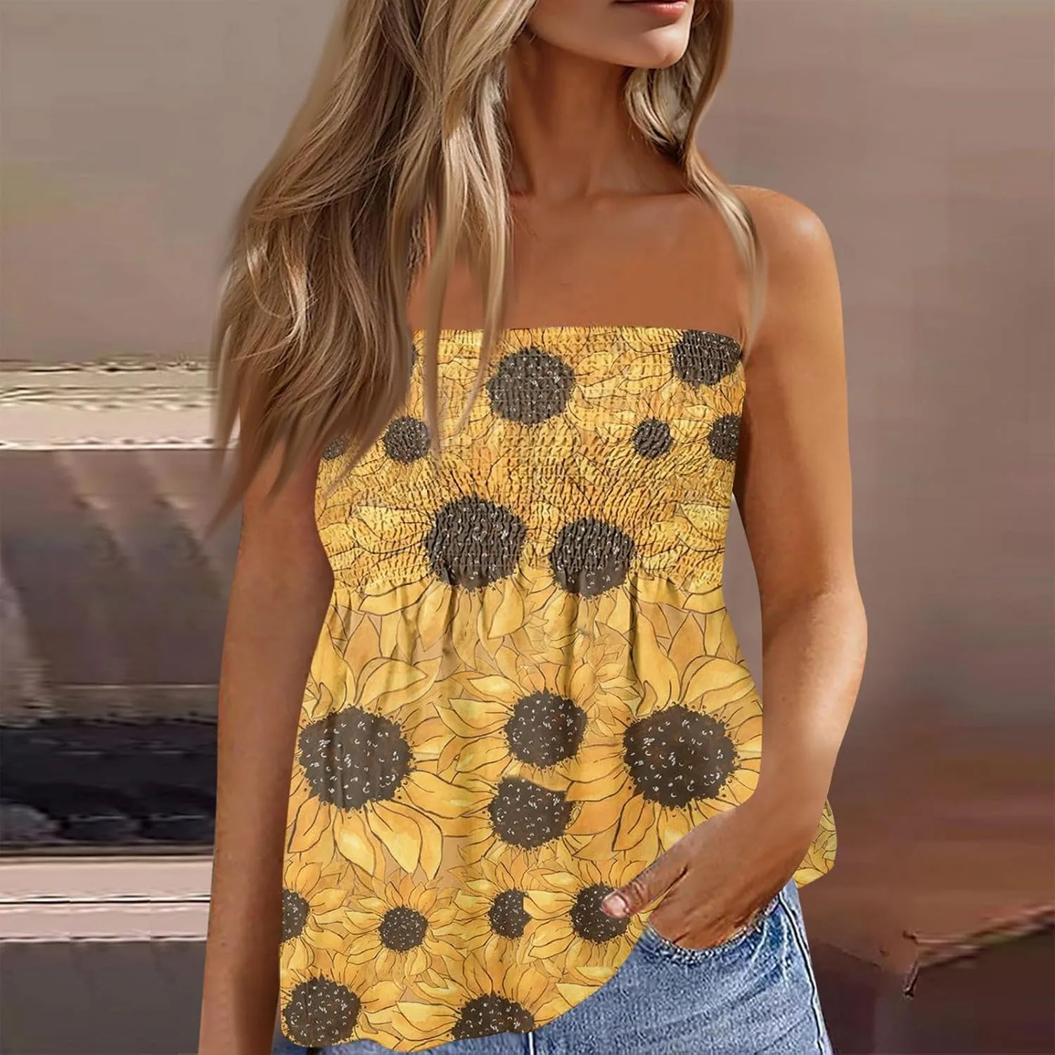 Tube Tops for Women Smocked Ruffled Floral Print Tanks Sleeveless Strapless Tube Tops Business Casual Bandeau