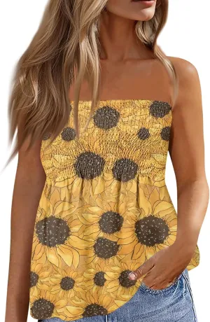 Tube Tops for Women Smocked Ruffled Floral Print Tanks Sleeveless Strapless Tube Tops Business Casual Bandeau