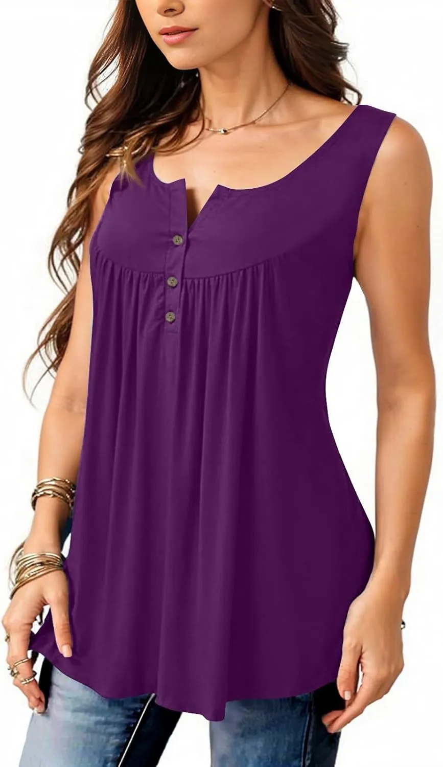 Tunic Tank Tops for Women Summer Sleeveless Button V Neck Blouse Loose Pleated Tanks Blouses Dressy Casual