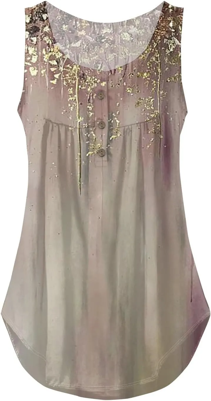 Tunic Tank Tops for Women Summer Sleeveless Button V Neck Blouse Loose Pleated Tanks Blouses Dressy Casual