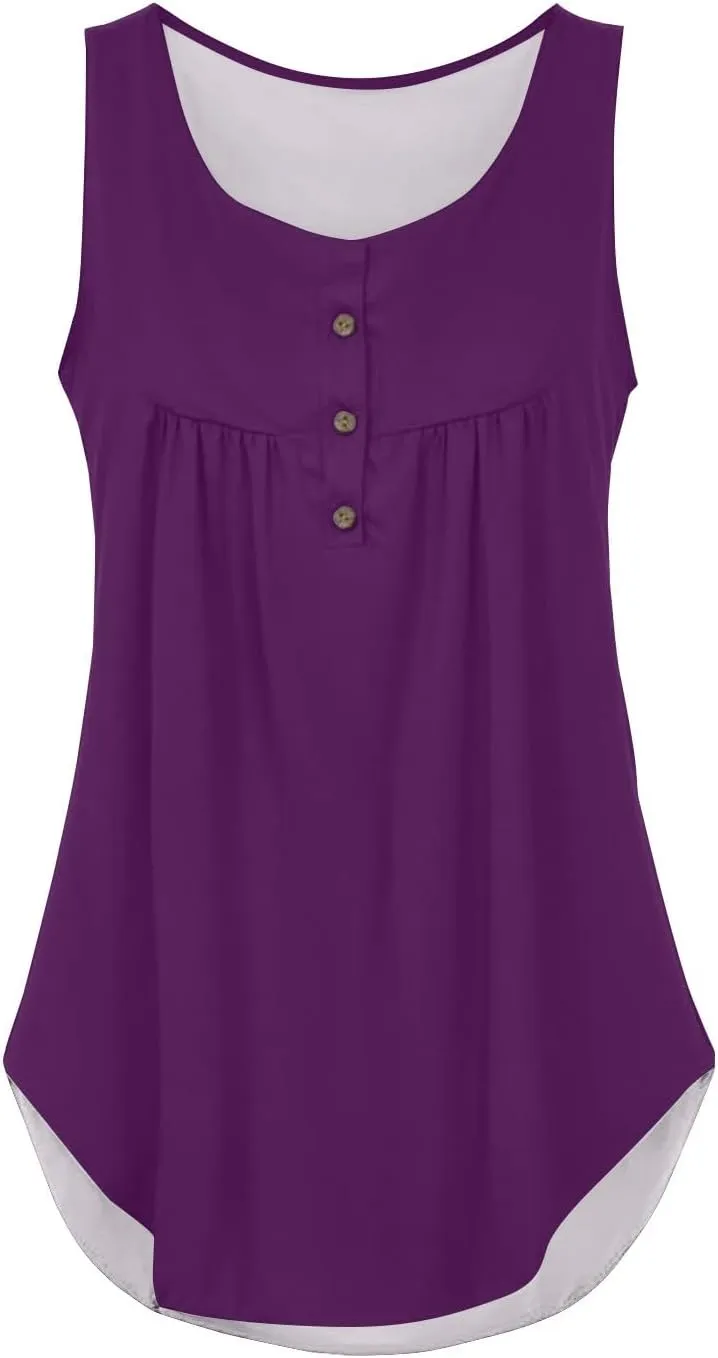 Tunic Tank Tops for Women Summer Sleeveless Button V Neck Blouse Loose Pleated Tanks Blouses Dressy Casual