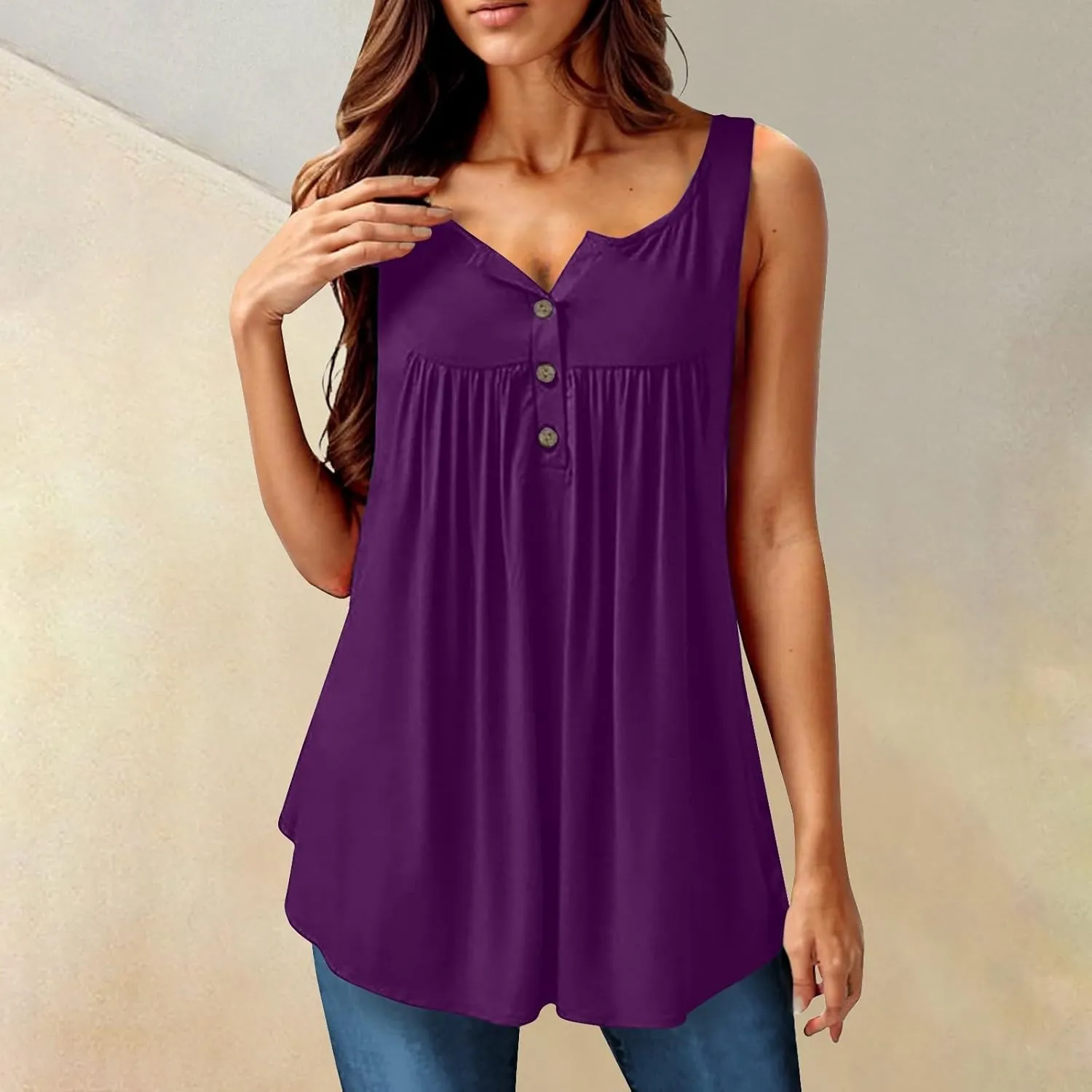 Tunic Tank Tops for Women Summer Sleeveless Button V Neck Blouse Loose Pleated Tanks Blouses Dressy Casual