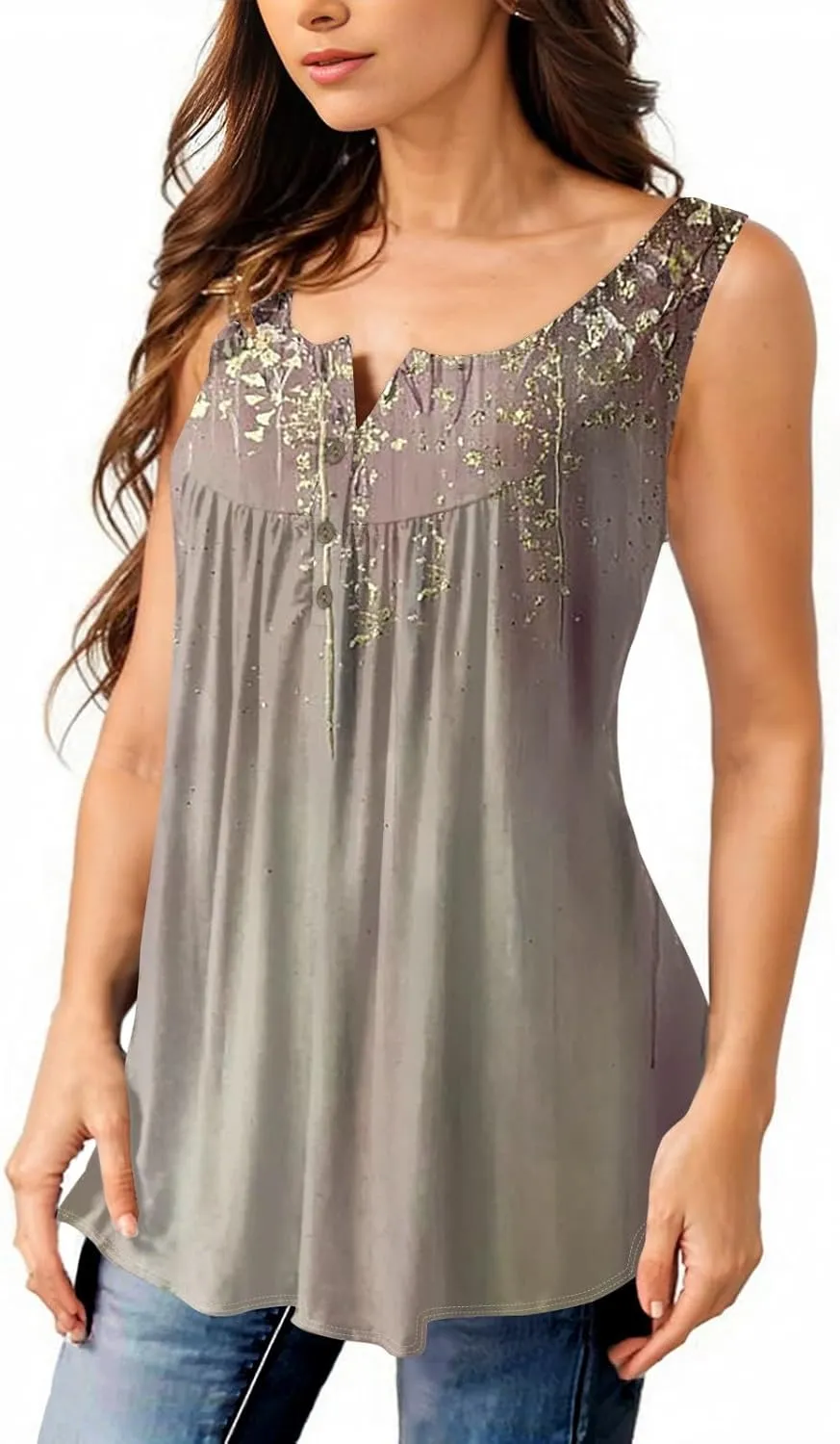 Tunic Tank Tops for Women Summer Sleeveless Button V Neck Blouse Loose Pleated Tanks Blouses Dressy Casual