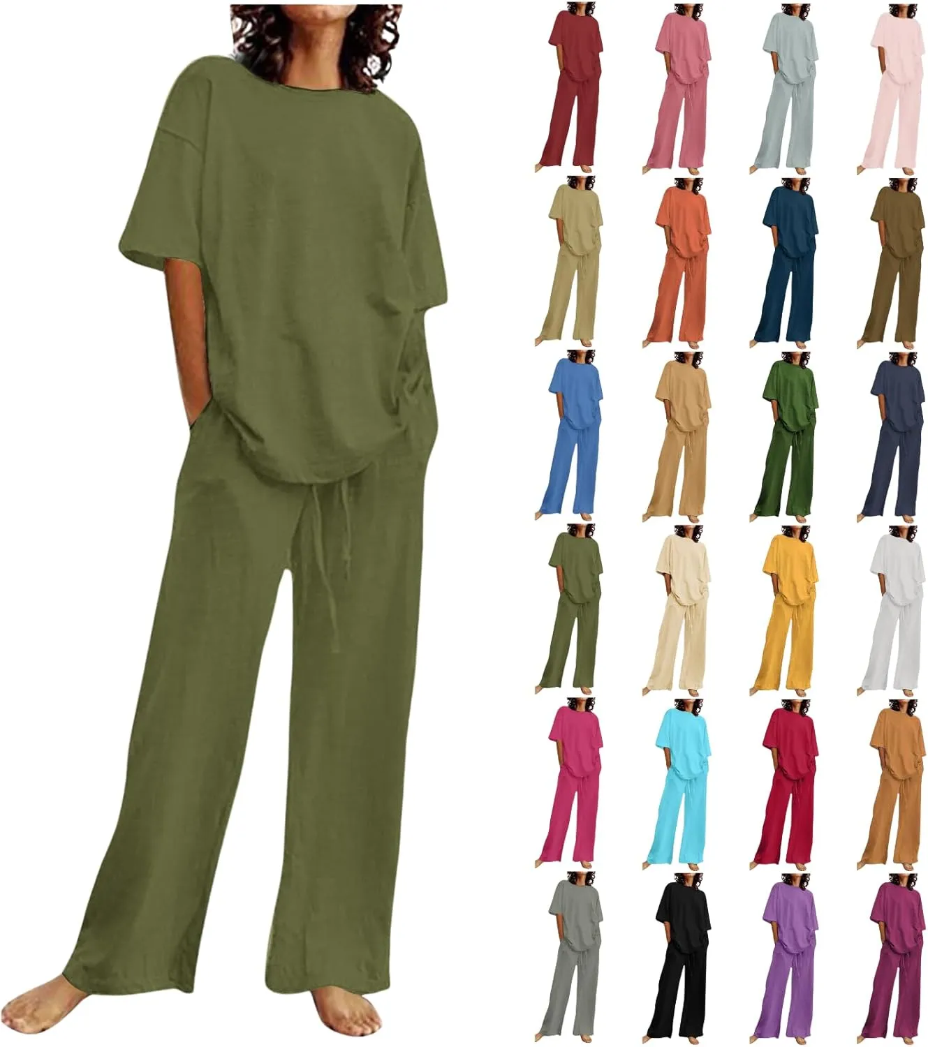 Two Piece Sets for Women Summer Linen Casual Outfit Crewneck 3/4 Sleeve Tops High Waist Wide Leg Pants with Pockets
