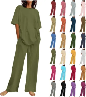 Two Piece Sets for Women Summer Linen Casual Outfit Crewneck 3/4 Sleeve Tops High Waist Wide Leg Pants with Pockets