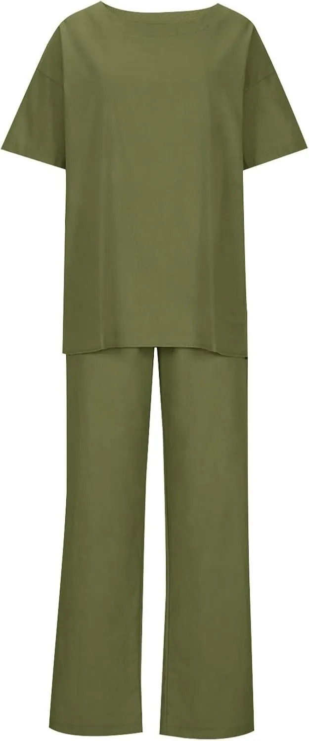 Two Piece Sets for Women Summer Linen Casual Outfit Crewneck 3/4 Sleeve Tops High Waist Wide Leg Pants with Pockets