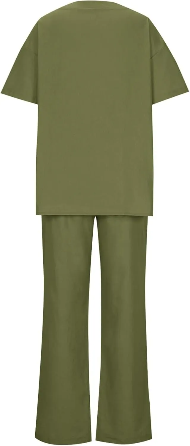 Two Piece Sets for Women Summer Linen Casual Outfit Crewneck 3/4 Sleeve Tops High Waist Wide Leg Pants with Pockets