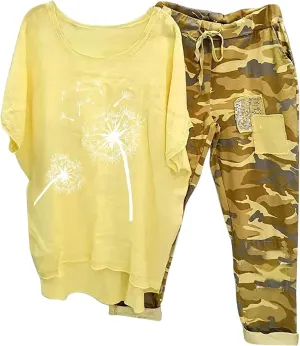 Two Piece Summer Outfits for Women Casual Cotton Linen Sets Oversized T Shirts Camo Capri Pants 2025 Resort Wear