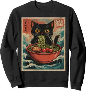 Unisex Anime Cat Ramen Japanese Funny Graphic Tee Kawaii Cat Sweatshirt