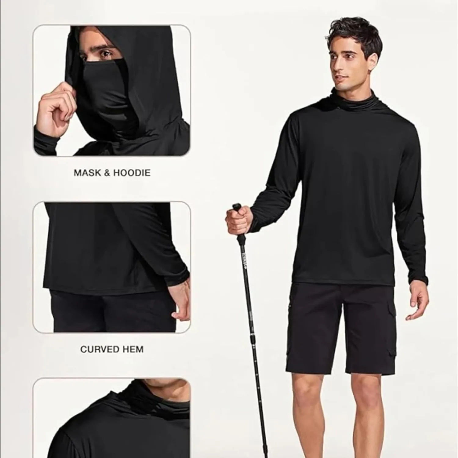 UPF 50  Fishing Shirts for Men Solid Long Sleeve UV Sun Protection Rash Guard Quick Dry Sun Hoodie with Neck Gaiter