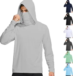 UPF 50  Fishing Shirts for Men Solid Long Sleeve UV Sun Protection Rash Guard Quick Dry Sun Hoodie with Neck Gaiter