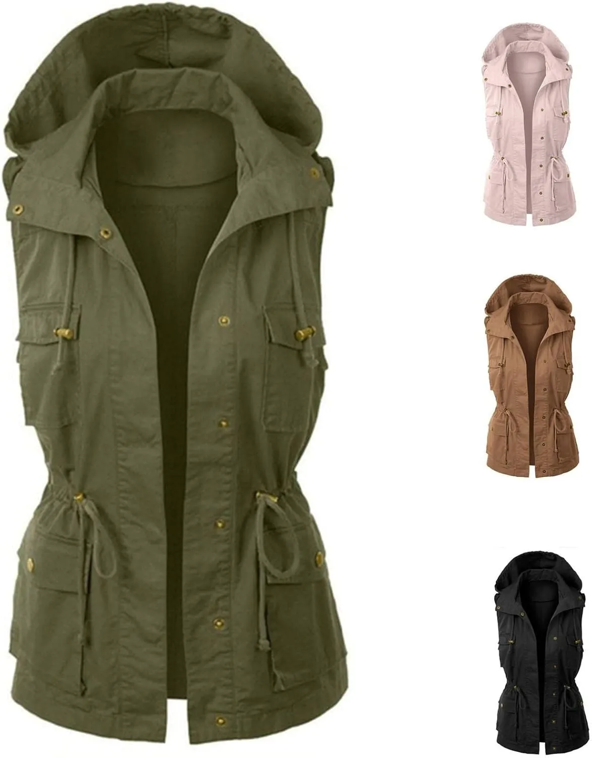 Utility Vest for Women Sleeveless High Neck Button Up Plain Shacket Jacket Hooded Coat Autumn Lapel With Hood Windproof Light