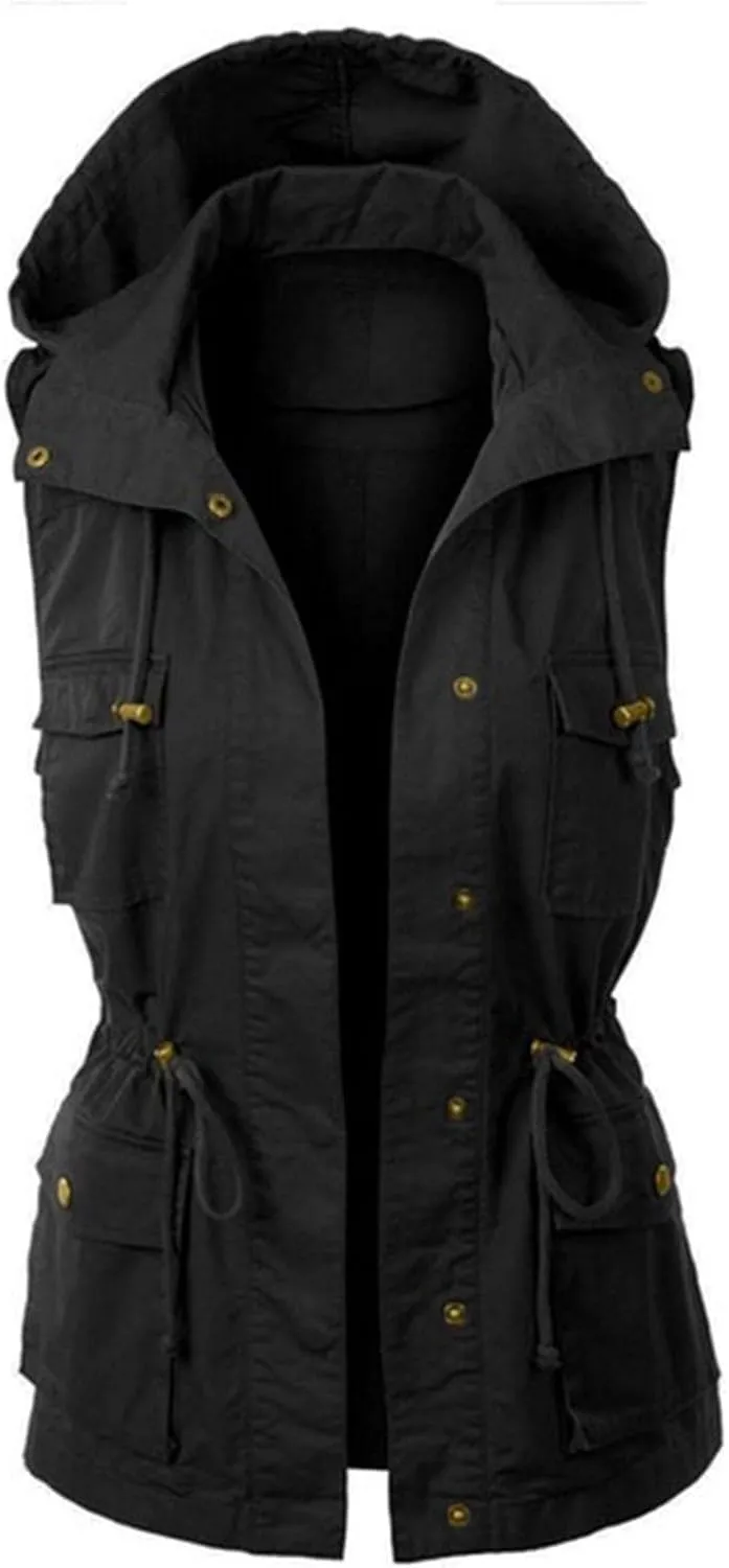 Utility Vest for Women Sleeveless High Neck Button Up Plain Shacket Jacket Hooded Coat Autumn Lapel With Hood Windproof Light