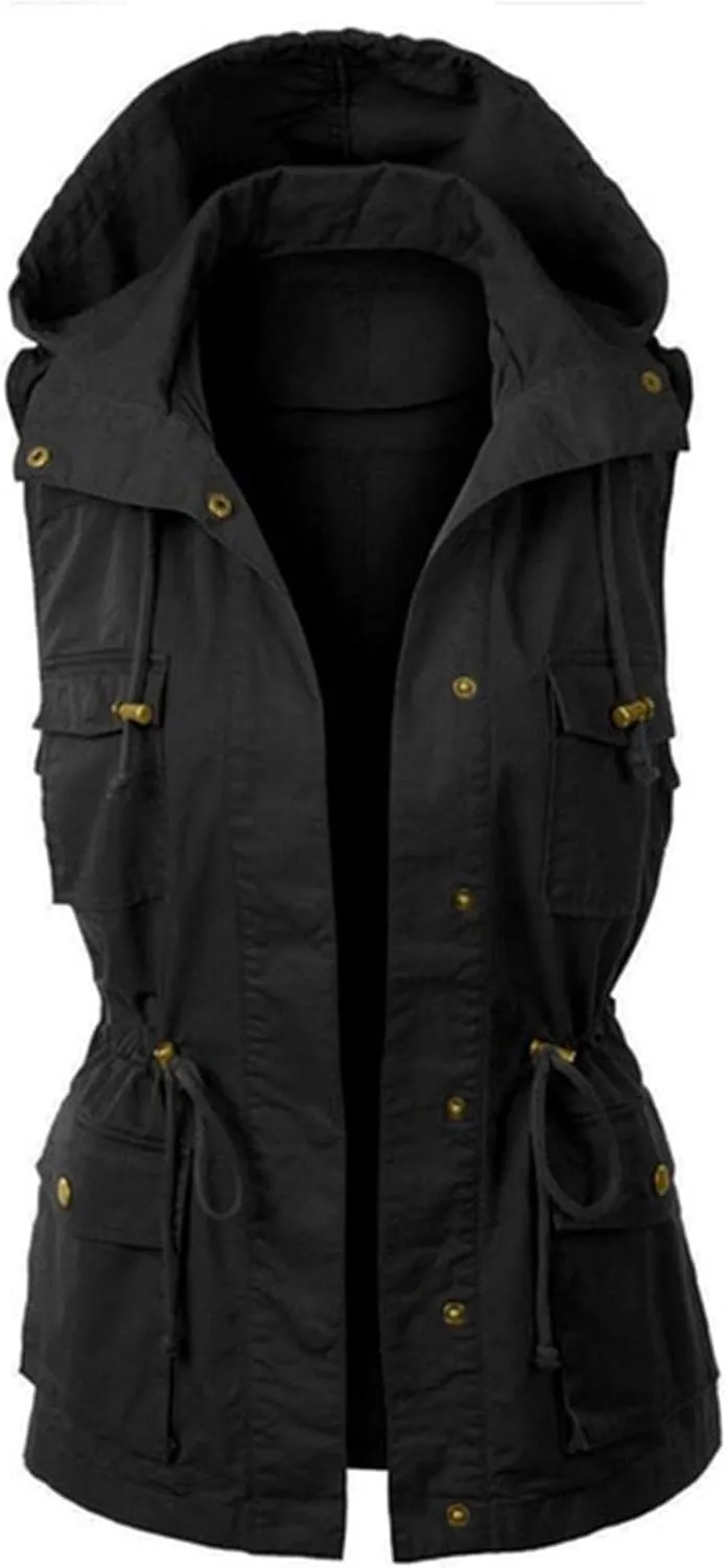 Utility Vest for Women Sleeveless High Neck Button Up Plain Shacket Jacket Hooded Coat Autumn Lapel With Hood Windproof Light