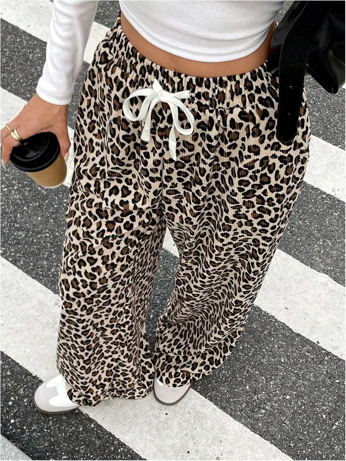 Verdusa Women's Leopard Print Pants Drawstring Straight Leg Pants Bow Loungewear Trousers with Pocket