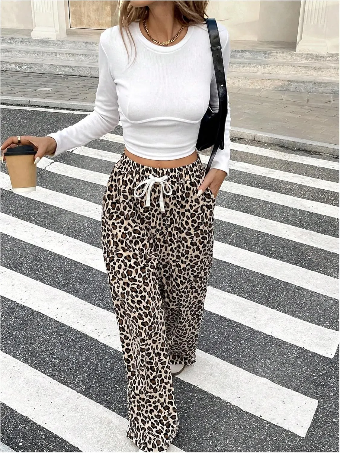 Verdusa Women's Leopard Print Pants Drawstring Straight Leg Pants Bow Loungewear Trousers with Pocket