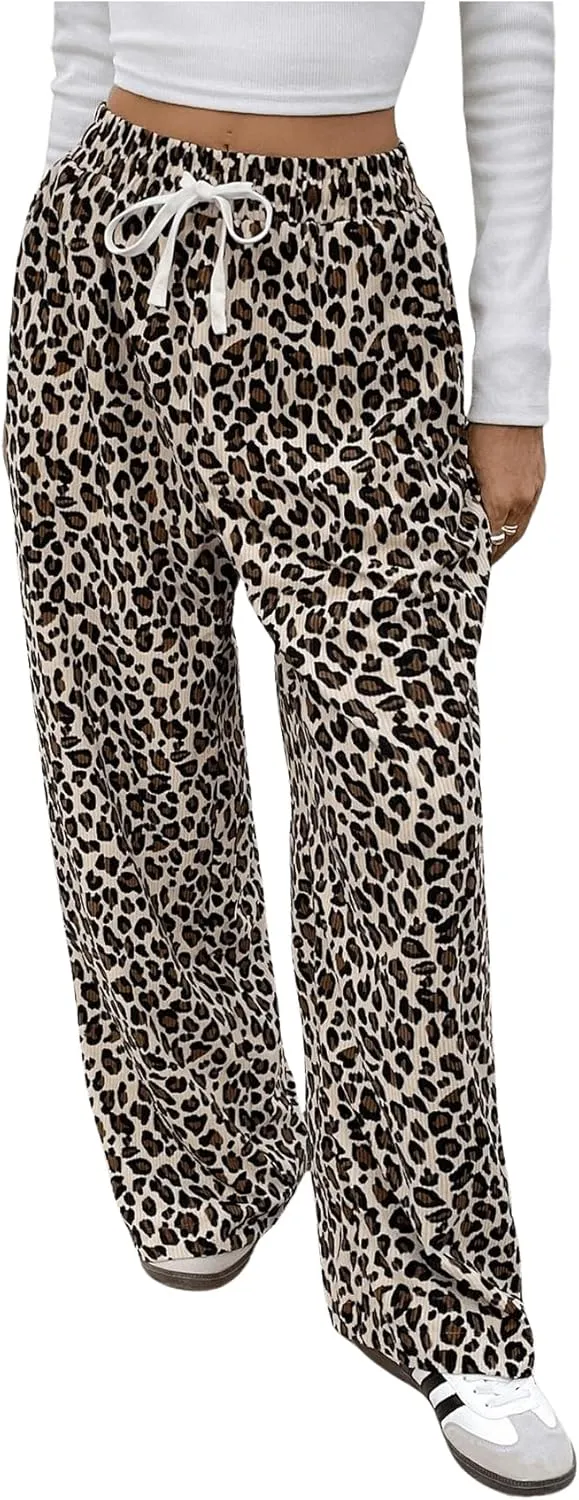 Verdusa Women's Leopard Print Pants Drawstring Straight Leg Pants Bow Loungewear Trousers with Pocket