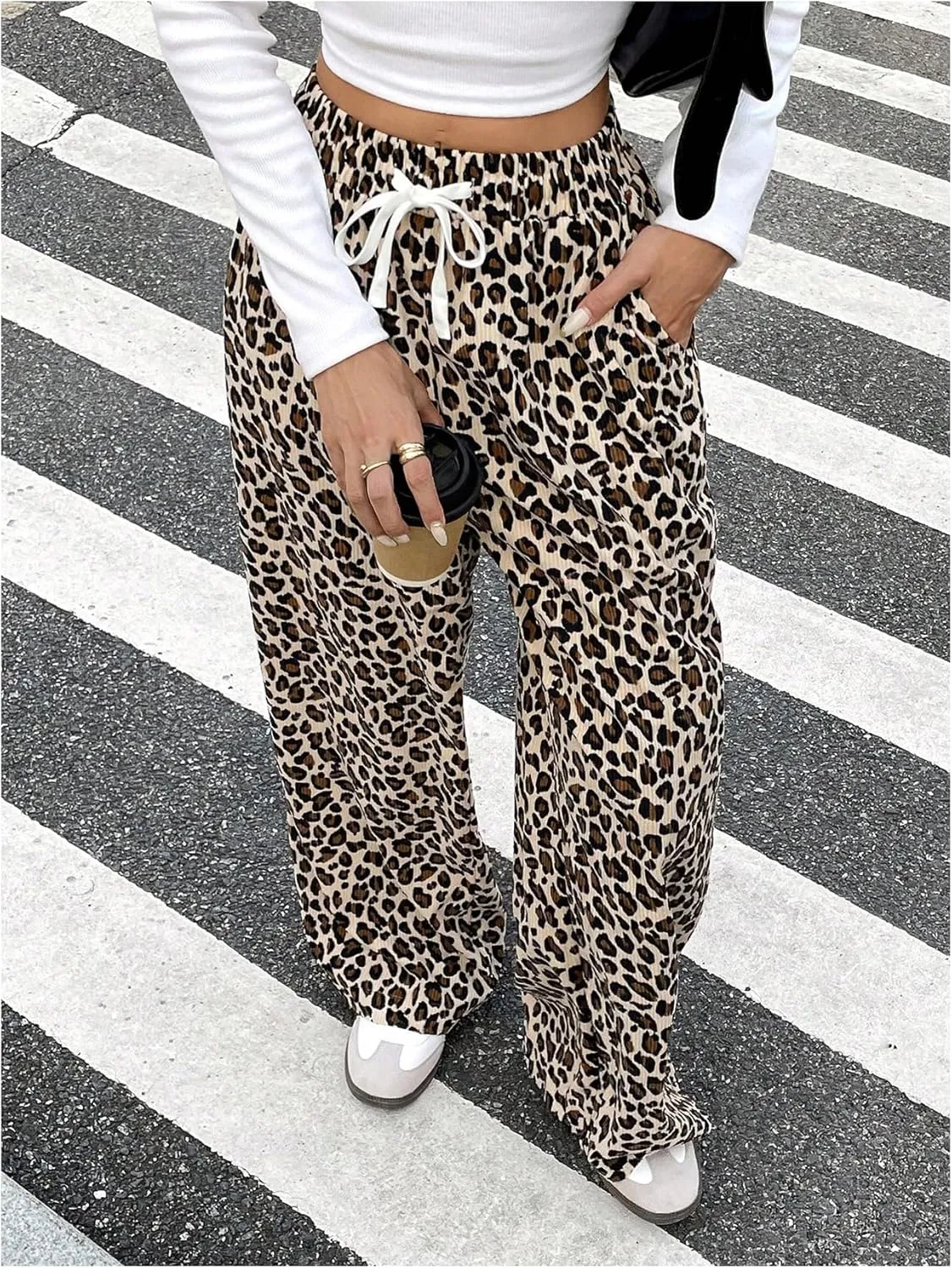 Verdusa Women's Leopard Print Pants Drawstring Straight Leg Pants Bow Loungewear Trousers with Pocket
