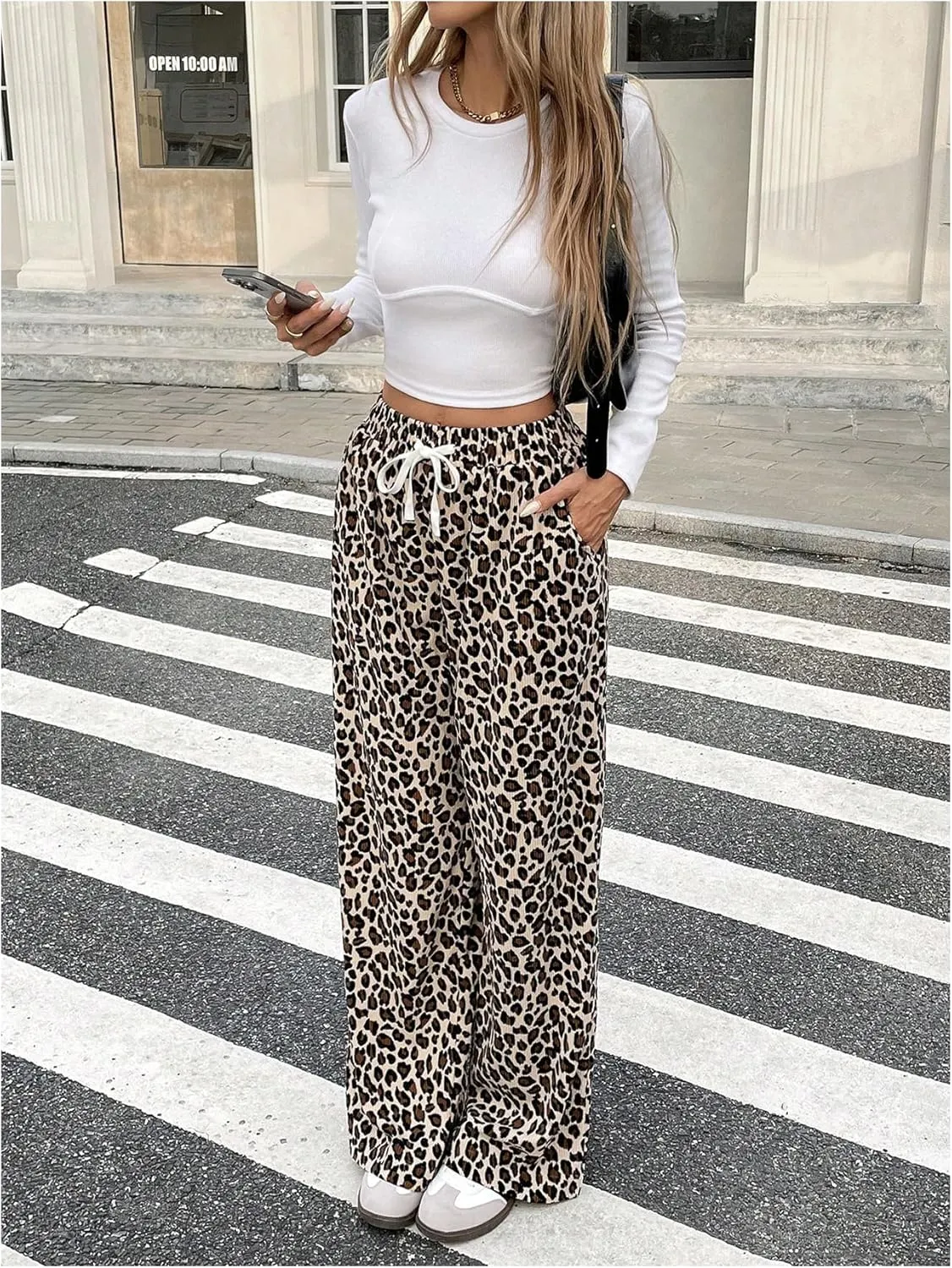 Verdusa Women's Leopard Print Pants Drawstring Straight Leg Pants Bow Loungewear Trousers with Pocket
