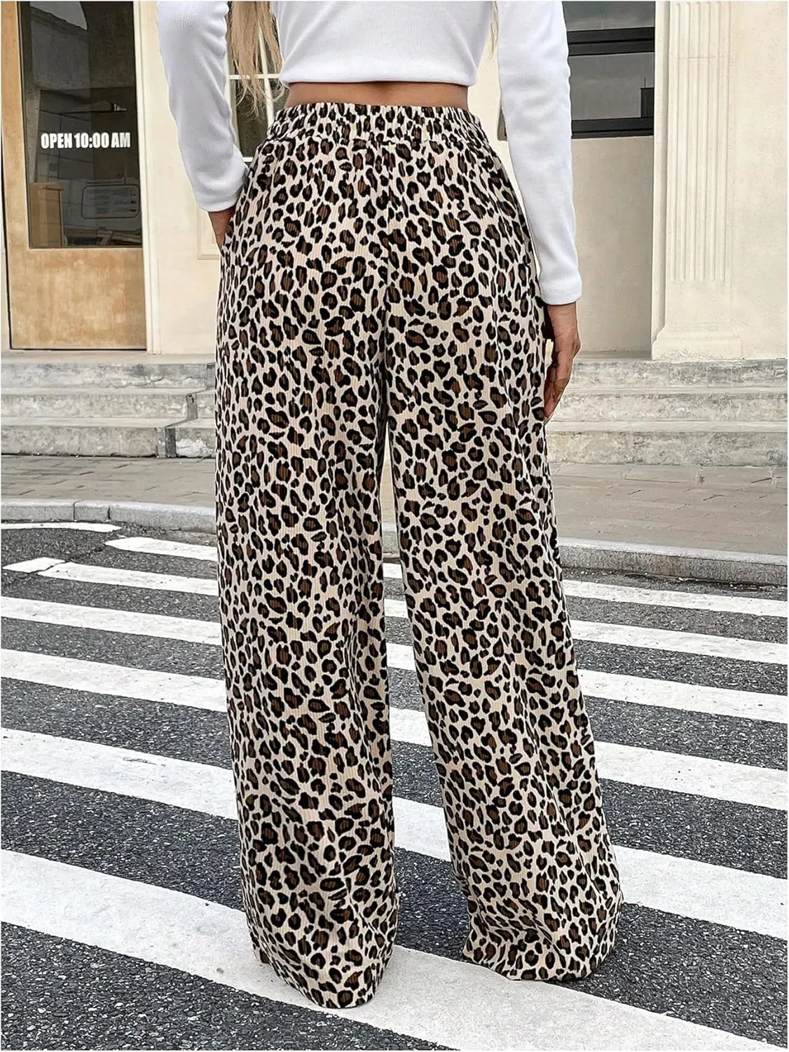 Verdusa Women's Leopard Print Pants Drawstring Straight Leg Pants Bow Loungewear Trousers with Pocket