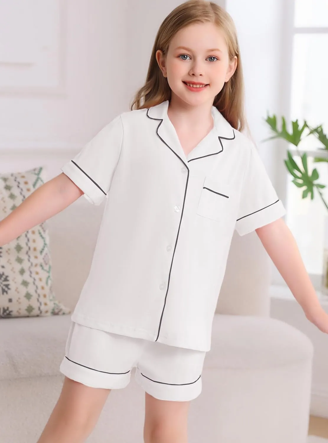 Veseacky Girls Pajamas Sets 100% Cotton PJ ButtonDown Short Sleeve 2 Piece Pajamas Set Boys Girls Pjs for Ages 5-14