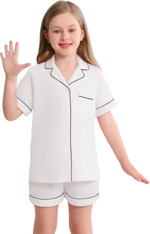 Veseacky Girls Pajamas Sets 100% Cotton PJ ButtonDown Short Sleeve 2 Piece Pajamas Set Boys Girls Pjs for Ages 5-14