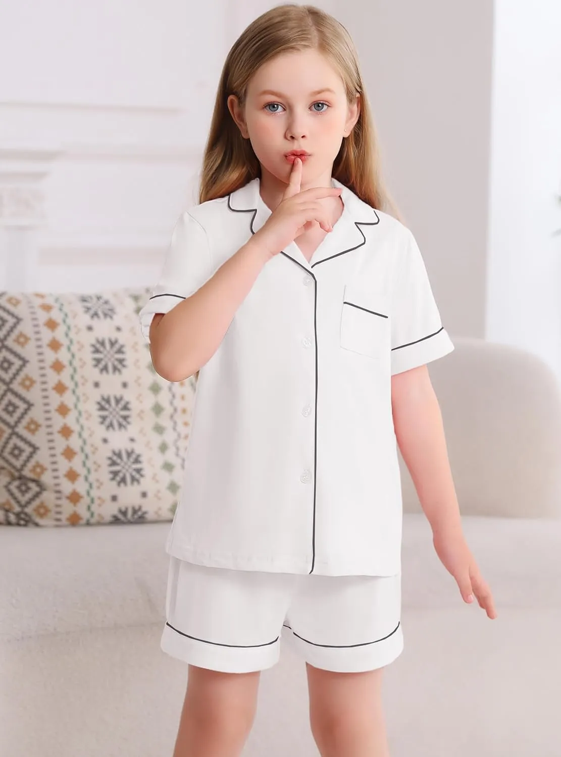Veseacky Girls Pajamas Sets 100% Cotton PJ ButtonDown Short Sleeve 2 Piece Pajamas Set Boys Girls Pjs for Ages 5-14