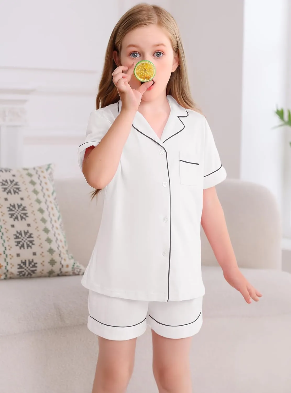Veseacky Girls Pajamas Sets 100% Cotton PJ ButtonDown Short Sleeve 2 Piece Pajamas Set Boys Girls Pjs for Ages 5-14