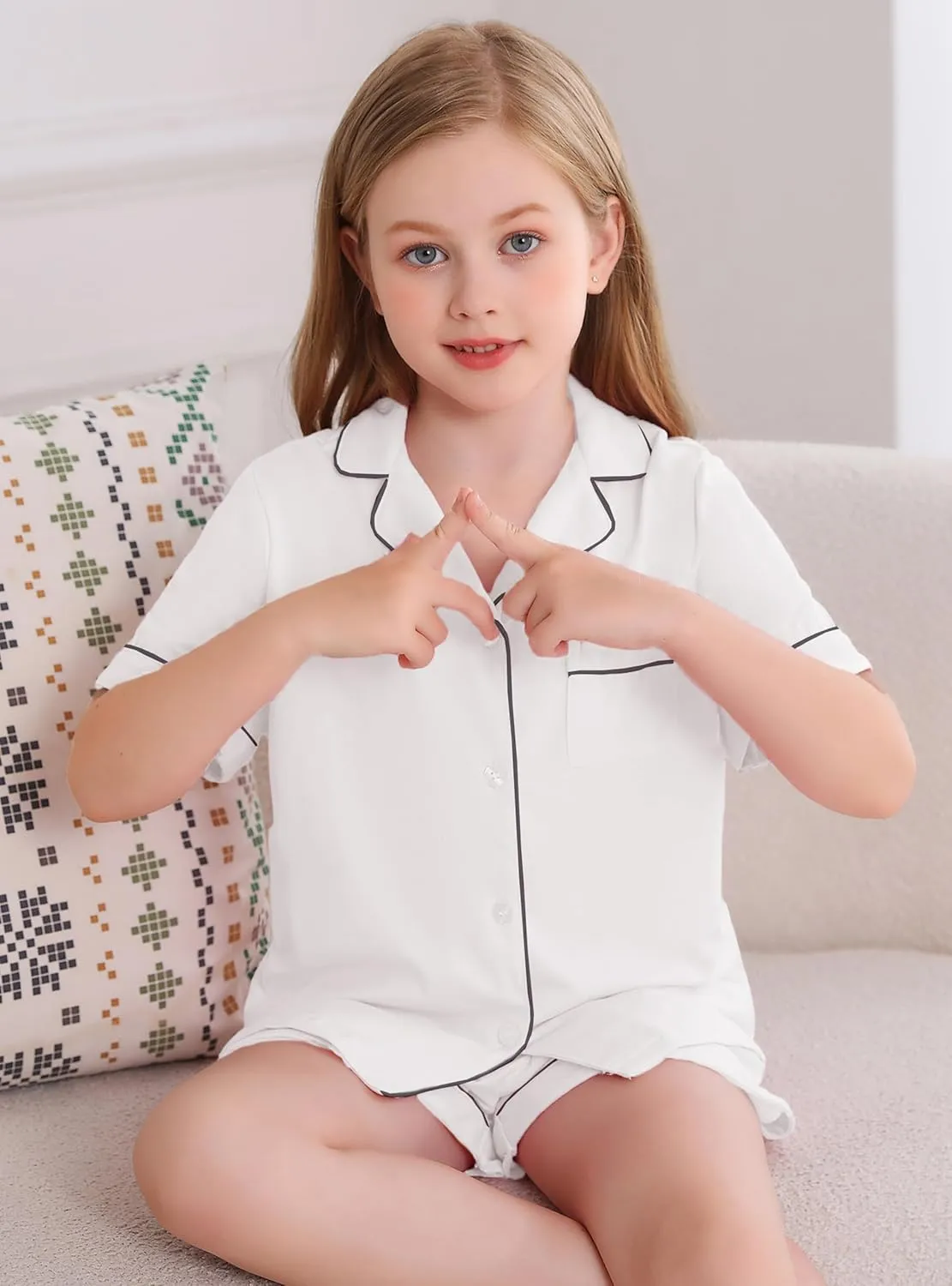 Veseacky Girls Pajamas Sets 100% Cotton PJ ButtonDown Short Sleeve 2 Piece Pajamas Set Boys Girls Pjs for Ages 5-14
