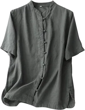Vintage Chinese Frog Button Cotton Linen Tops Women 2024 Fashion Crew Neck Short Sleeve Boho Loose Casual Summer Shirts