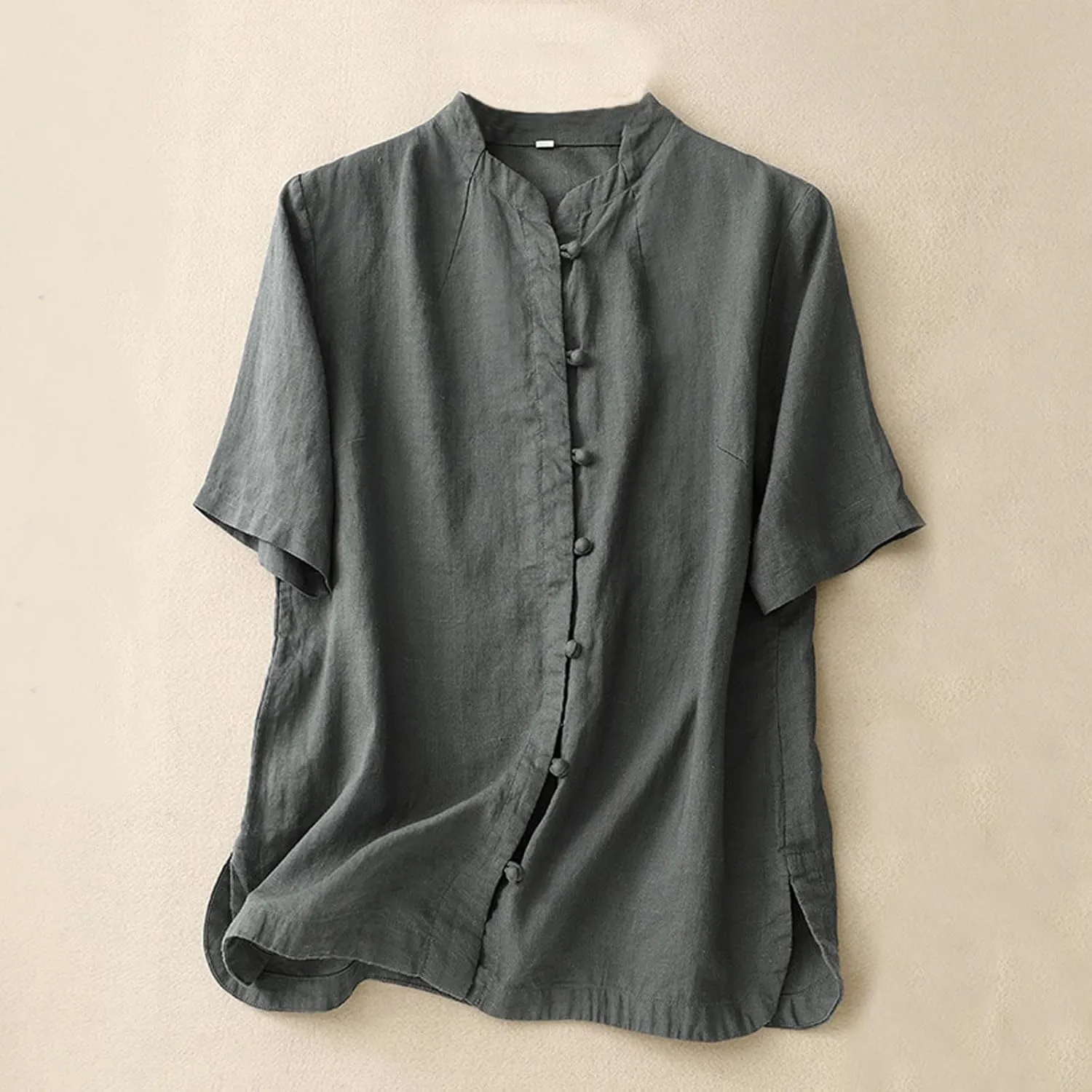Vintage Chinese Frog Button Cotton Linen Tops Women 2024 Fashion Crew Neck Short Sleeve Boho Loose Casual Summer Shirts