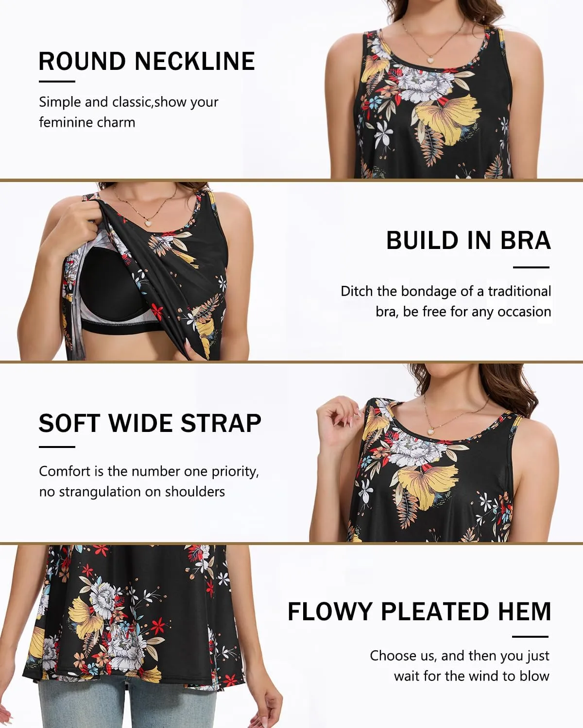 Vislivin Tank Top for Women with Built in Bra Loose Fit Tanks Flowy Plead Camisole for Workout Travel
