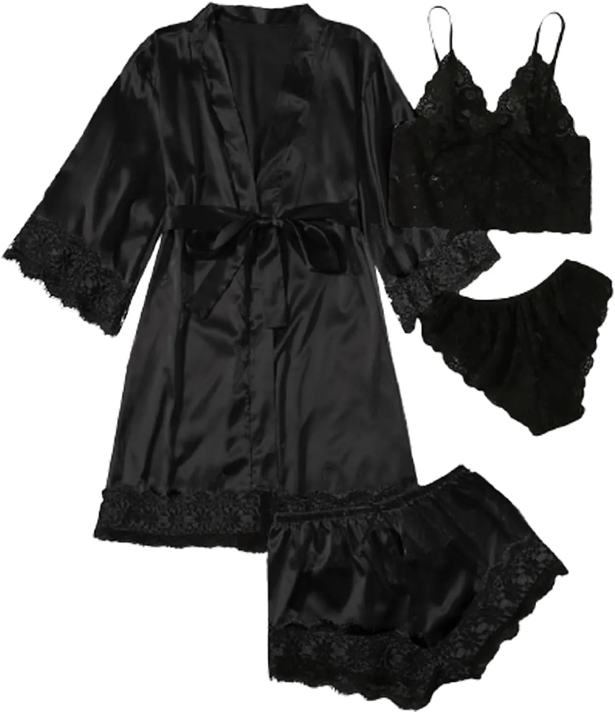 WDIRARA Women' Silk Satin Pajamas Set 4pcs Lingerie Floral Lace Cami Sleepwear with Robe
