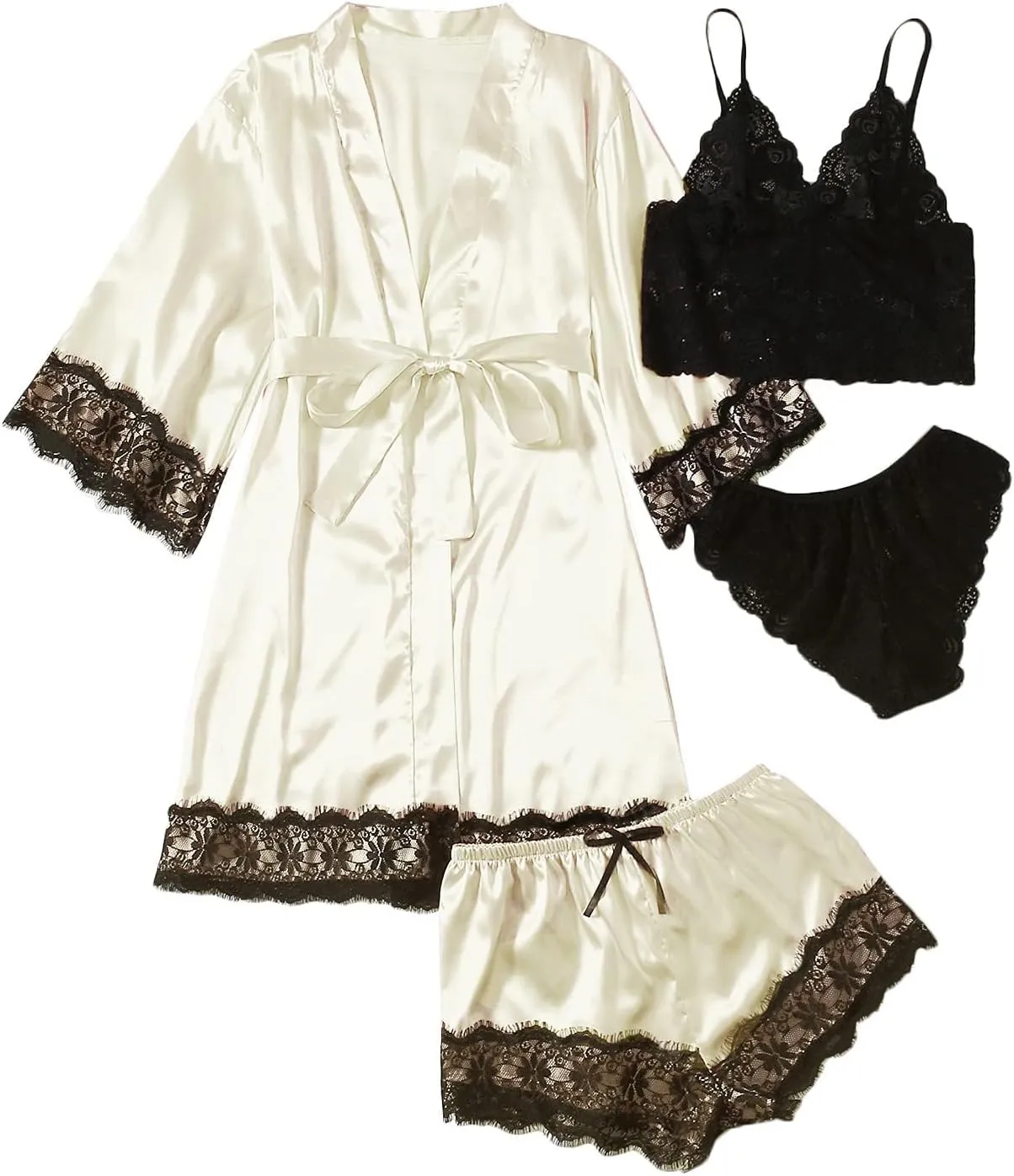 WDIRARA Women' Silk Satin Pajamas Set 4pcs Lingerie Floral Lace Cami Sleepwear with Robe