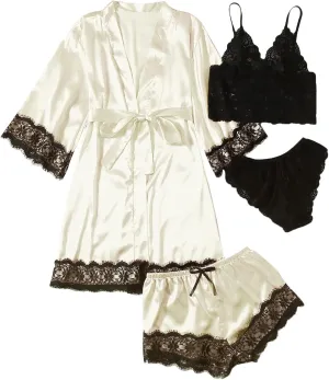WDIRARA Women' Silk Satin Pajamas Set 4pcs Lingerie Floral Lace Cami Sleepwear with Robe