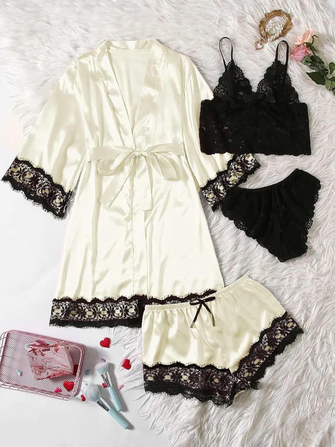 WDIRARA Women' Silk Satin Pajamas Set 4pcs Lingerie Floral Lace Cami Sleepwear with Robe