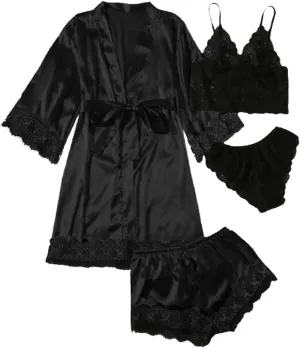 WDIRARA Women' Silk Satin Pajamas Set 4pcs Lingerie Floral Lace Cami Sleepwear with Robe