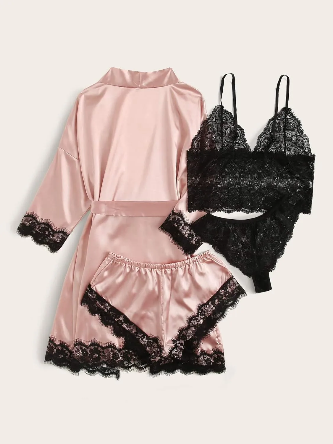 WDIRARA Women' Silk Satin Pajamas Set 4pcs Lingerie Floral Lace Cami Sleepwear with Robe