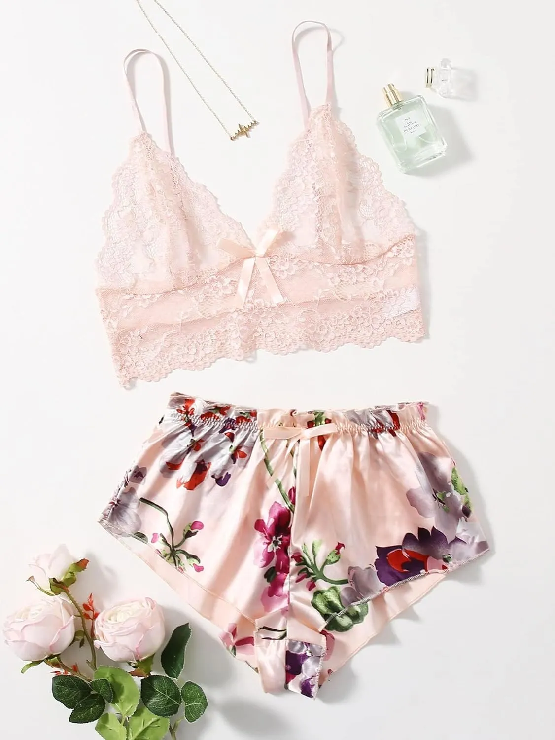 WDIRARA Women's 2 Piece Lingerie Floral Lace Cami Top with Satin Shorts Sleepwear Pajama Set